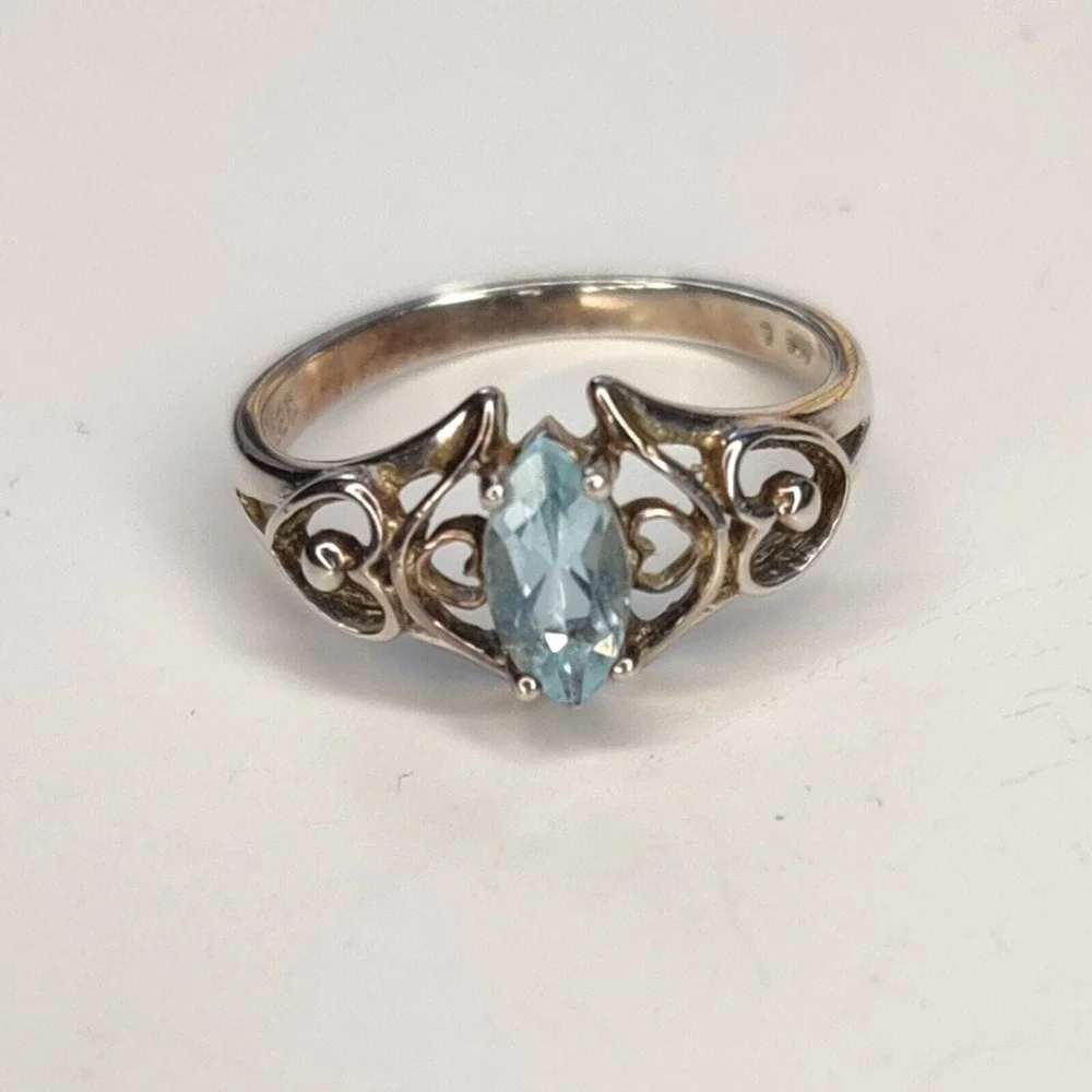 Sterling Silver 925 Blue Oval Topaz December Birthstone Ring Double Heart Size 7